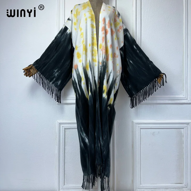 WINYI Tie-farbowany zimowy kardigan z frędzlami Afryka damska kurtka maxi Ciepłe kimono długi płaszcz puchowy Moda na Bliski Wschód abaya dubaj