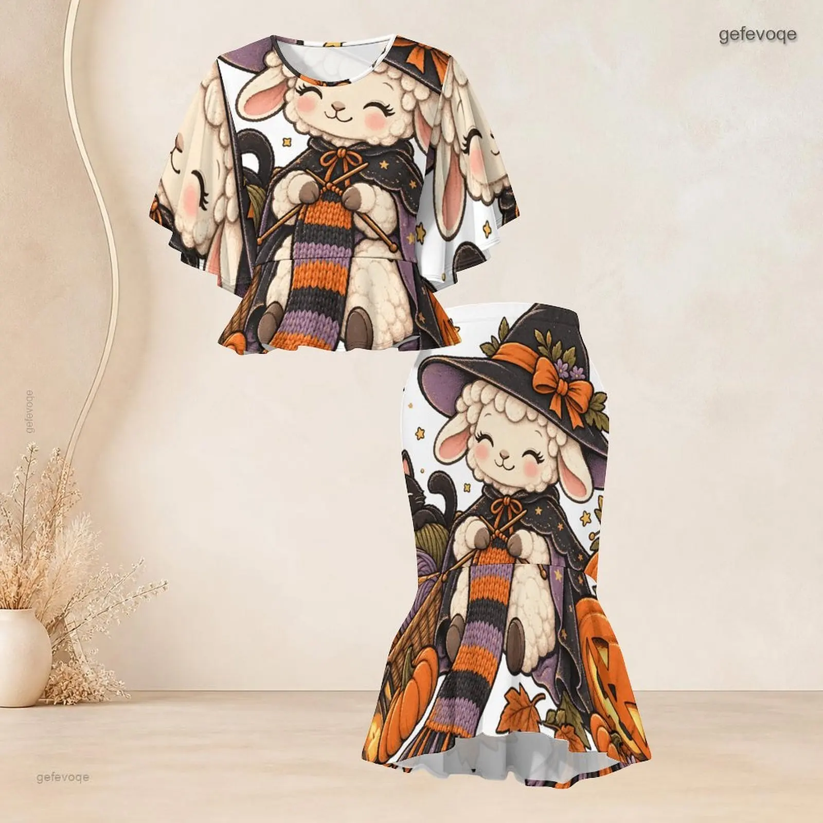 Printed Skirt Set for Women Batwing Sleeve Ruffle Hem Top Fishtail Skirt Two Piece