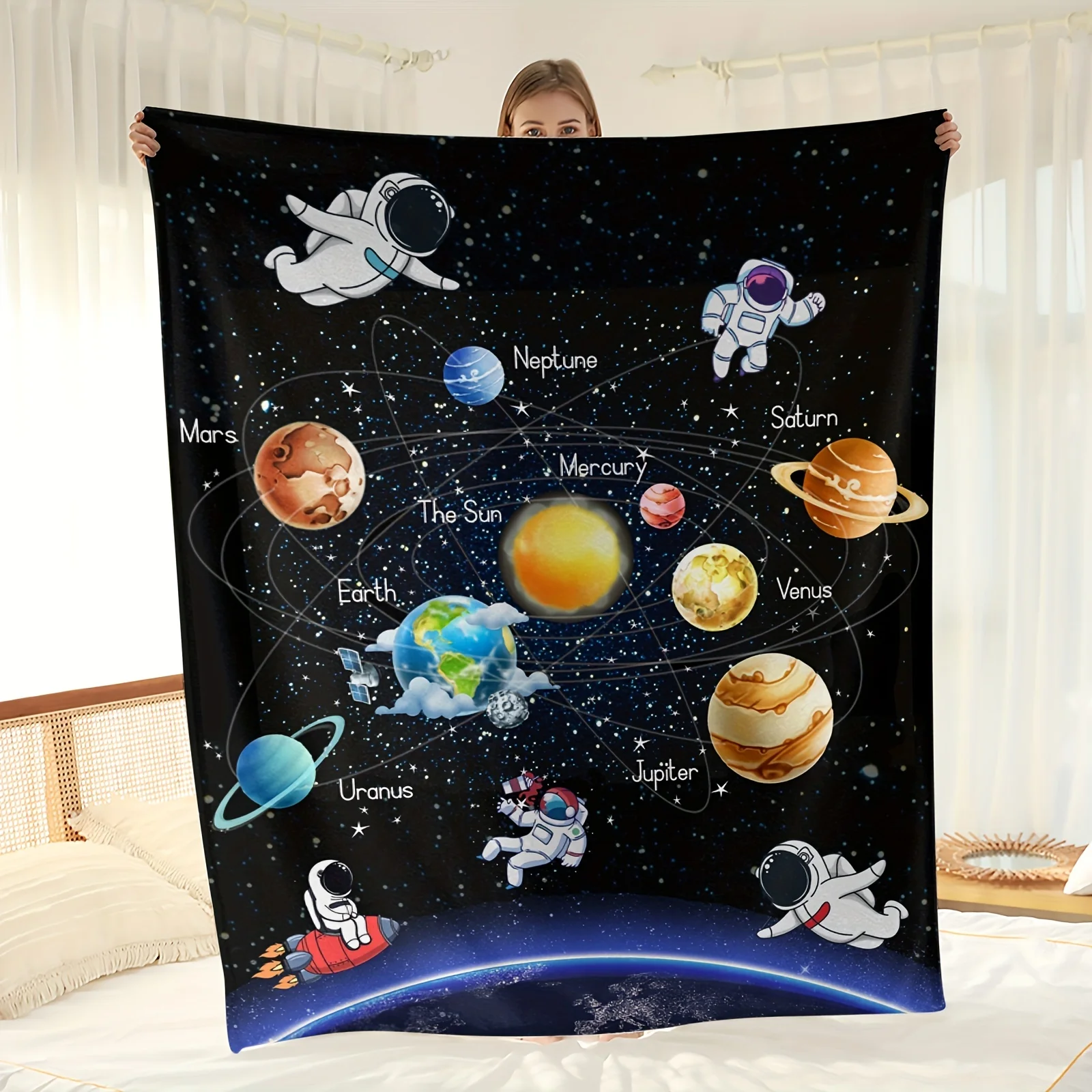 Astronaut Planet Print Blanket Warm Comfortable Flannel Blanket For Sofa Bed Couch Office Multi-purpose Blankets Gift All Season