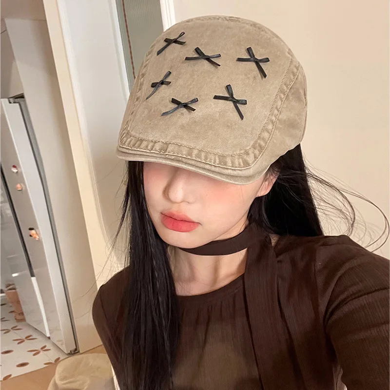 Fashion Bow Y2K Berets for Women Girls Cotton Bowknot Forward Hat Korean Versatile Casual Retro Bows Newsboy Beret Cap Headwear