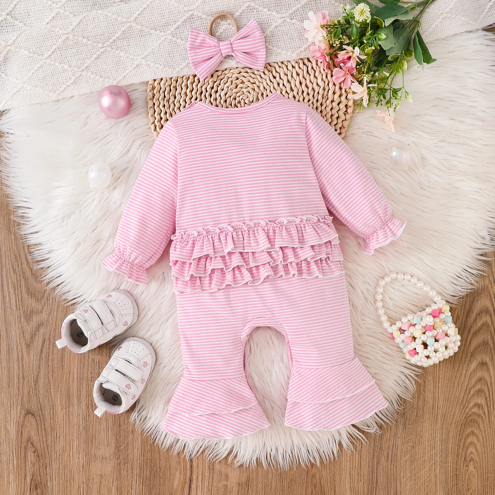 Daddy's Girl Embroidered Baby Girl Striped Ruffle Long Sleeve Romper With Bow Headband Cute Sweet Infant Outfit