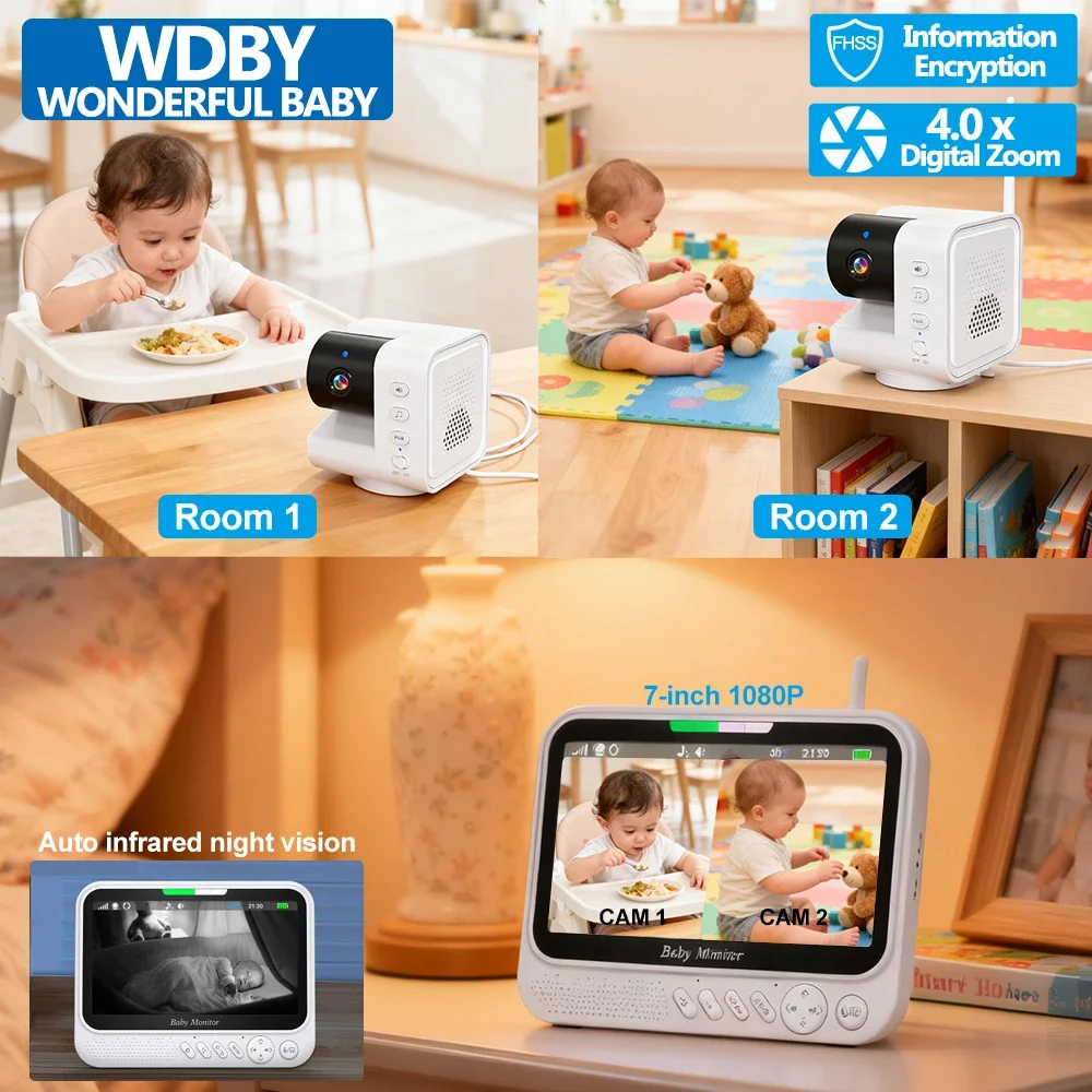 7.0 Inch Baby Video Monitor Babyphone Dual PTZ Camera 4X Zoom 5000mAh Large Battery Night Vision 2-Way Talk Built-in Lullabies