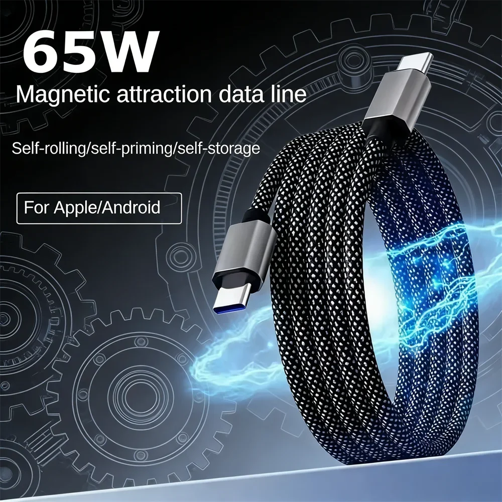 PD 65W USB to Type C Magnetic Suction Anti Winding Fast Charging Cable 1M USB Phone Data Charge Cable for iPhone Samsung Huawei