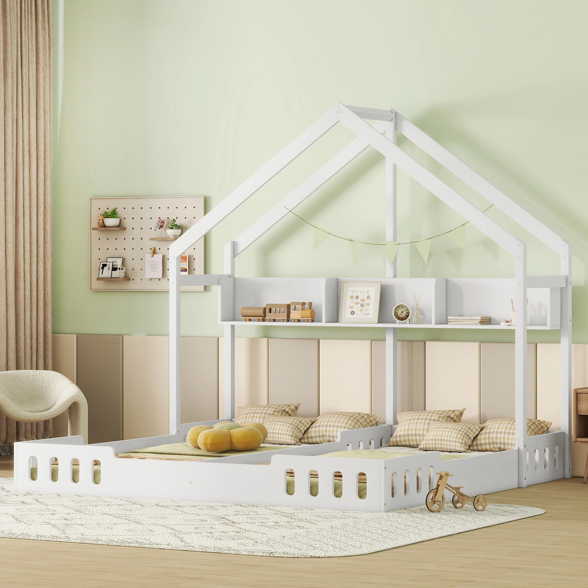 Wood Twin Size House Platform Beds,Two Shared Beds with Shelves and Guardrail, Creamy White