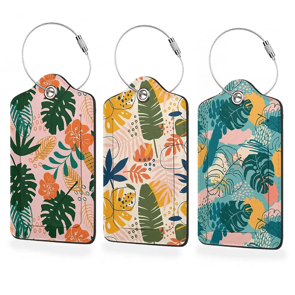 

3 Pack Palm Leaves Luggage Tags,Tropical Flowers PU Leather Luggage Tags for Suitcase,Name ID Labels with Privacy Cover Suitc