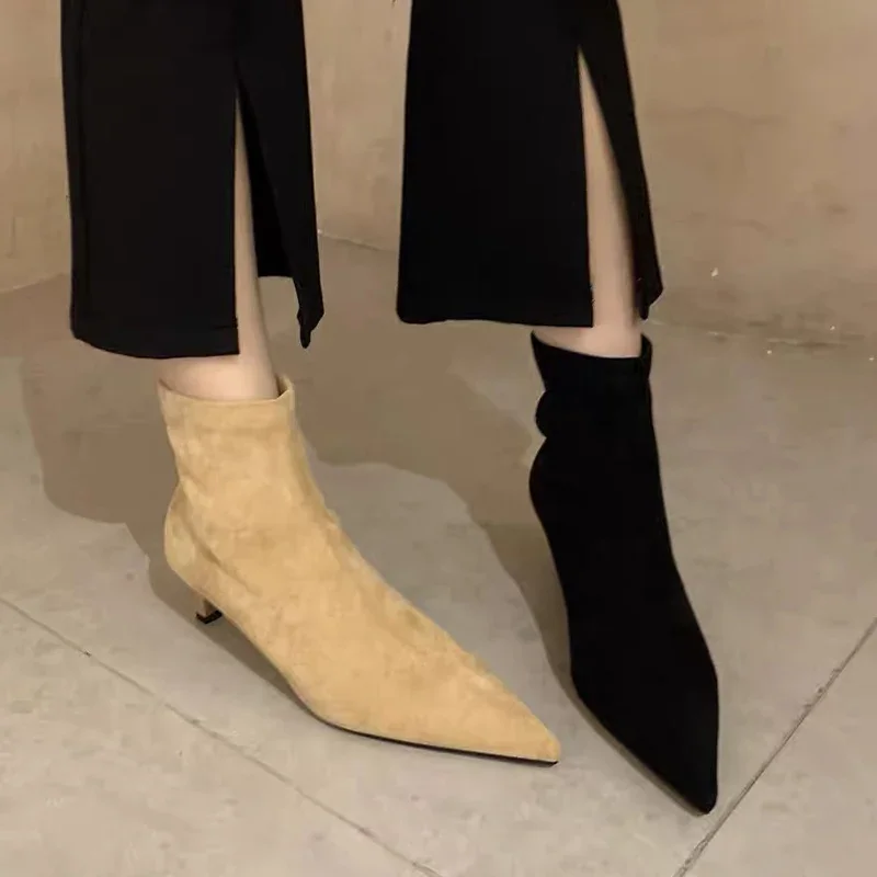 Women Ankle Boots Suede Pointed Toe Heels Shoes New Fashion Chelsea Boots Brand Autumn Winter Dress Pumps Trend Snow Botas Mujer