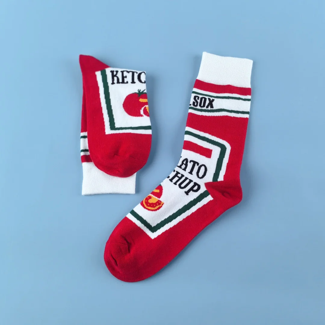 1 Pair  Funny Tomato Ketchup Printed Mid-Calf Men Socks Suit In All Seasons
