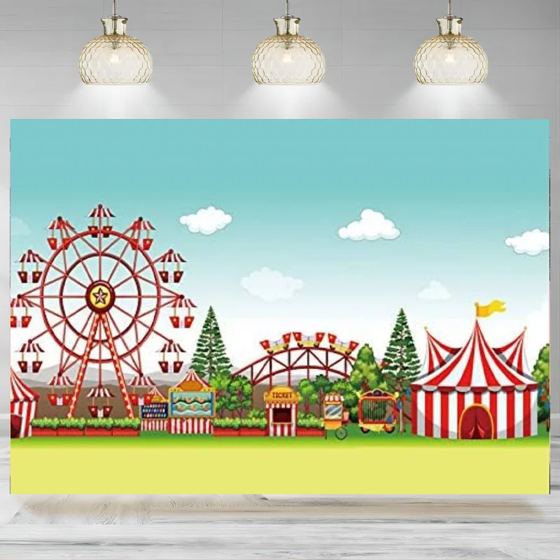 Fairground Photo Backdrop Cartoon Circus Carnival Playground Carousel Ferris Wheel Background Photography Baby Portrait Props