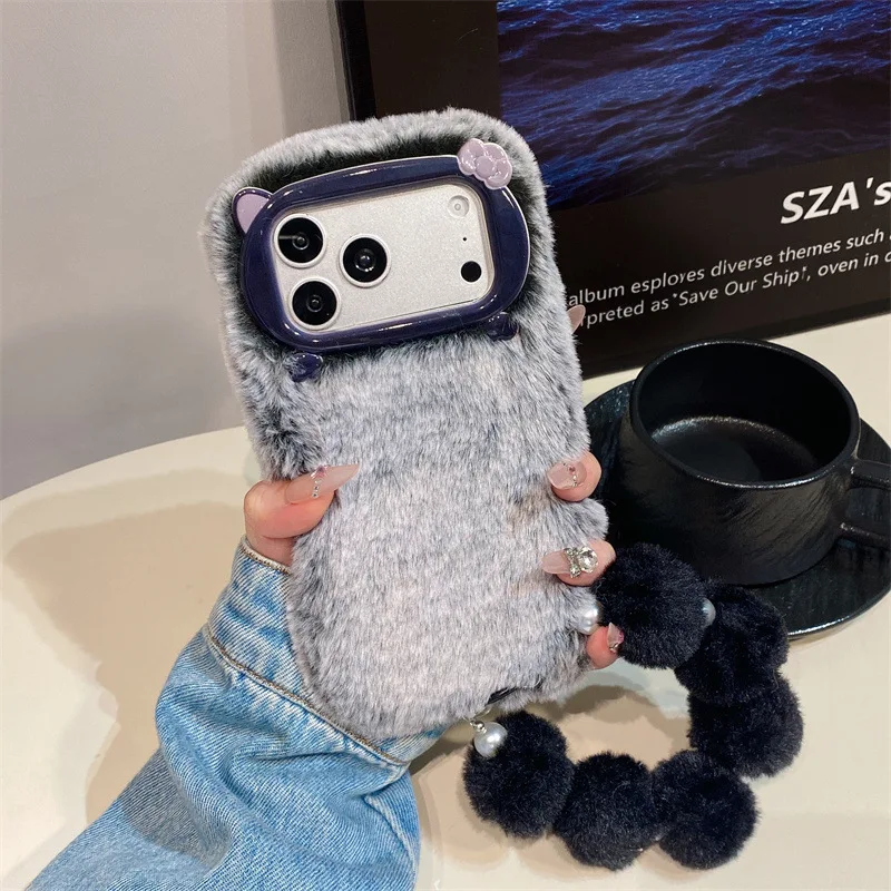 Luxury Solid Colors Furry Plush Phone Case For iPhone 17 Air 16 15 14 12 13 11 Pro Max With Lanyard Shockproof Protective Cover view 3