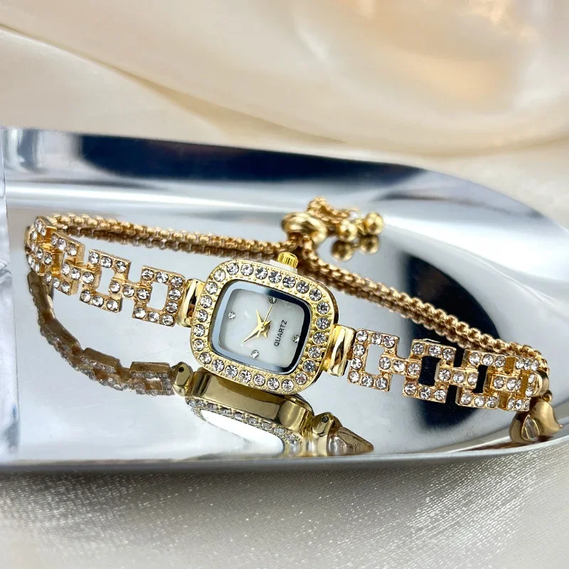 Niche Style Square Women Watch Pull-on Adjustable Link Chain Shiny Rhinestone Decor Ladies Quartz Watch Bracelet Jewelry Gifts