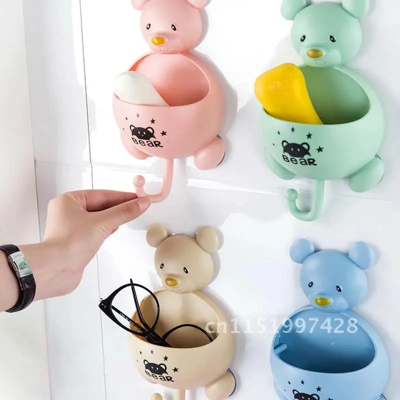 Creative Cute Bear Pattern Wall-hanging Soap Rack with Hook Punch-free Optimized Suction Cup Soap Box Bathroom Accessories