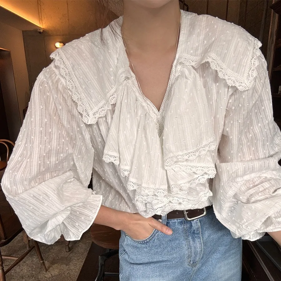 

Ele Autumn Winter irt Embroidered Flig Collar Versatile Bamboo Charcoal Fabric Bubble Sve Long Sve Women's Top