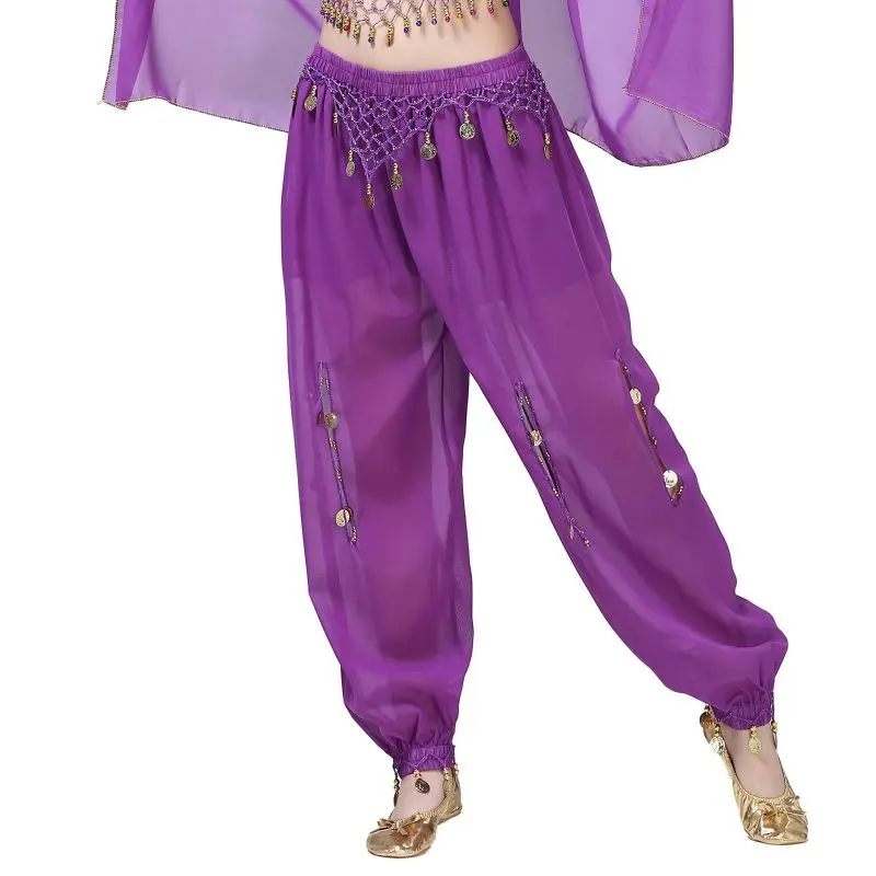 Women Belly Dance Harem Pants Chiffon Shiny Sequins Pants Fancy Sequins Tassels Bloomers Trousers Hanging Coin Bandana Sets