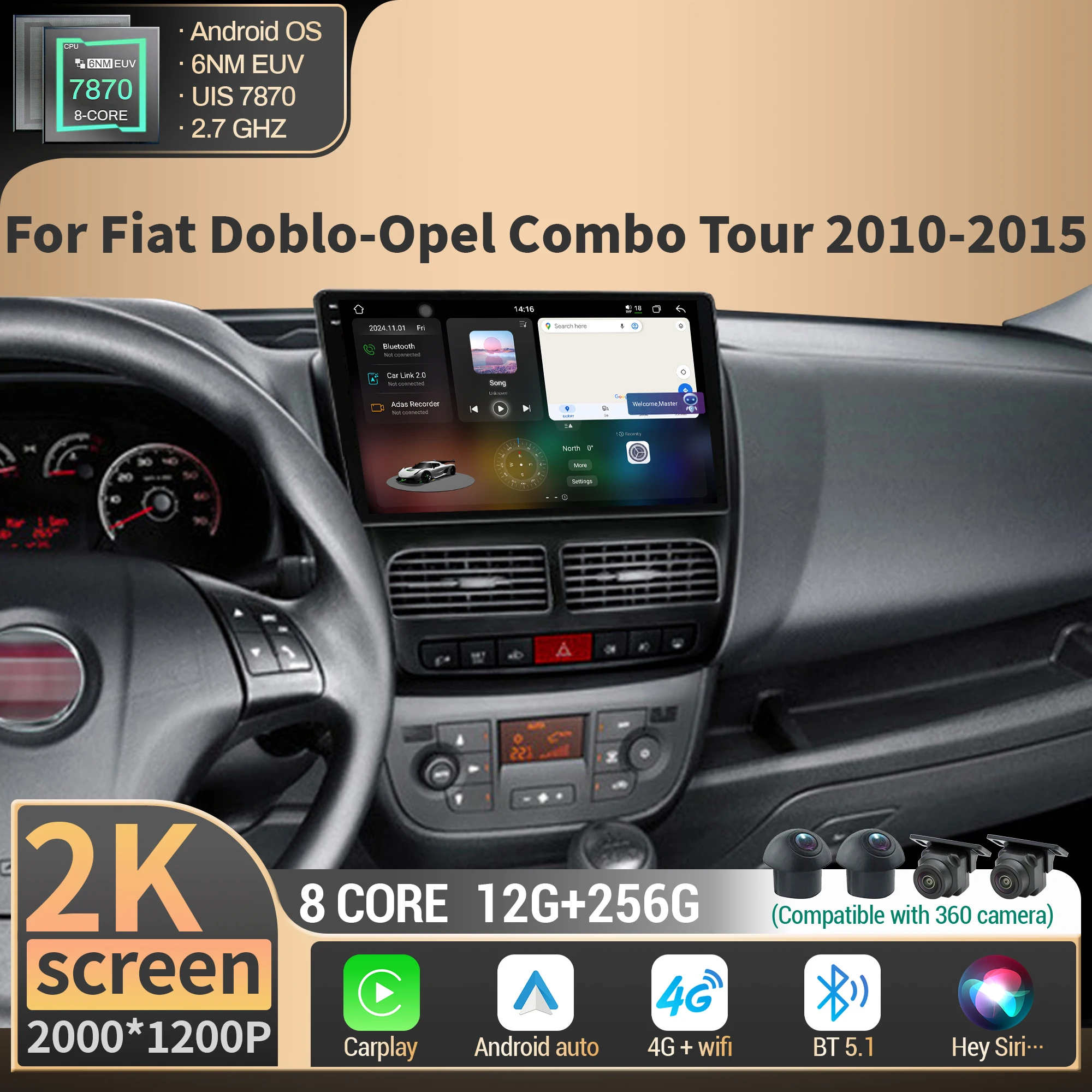 

Android For Fiat Doblo-Opel Combo Tour 2010-2015 Car Radio Navigation Multimedia Wireless Carplay 4G GPS CPU 7870 2K QLED Screen