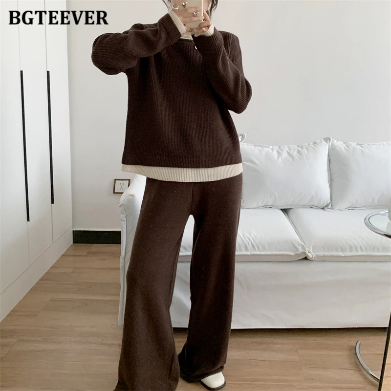 BGTEEVER Casual Warm Loose Female Knitted Outfits O-neck Long Sleeve Pullovers Sweaters & Wide Leg Pants Ladies 2 Pieces Set