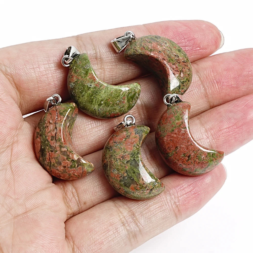 

Natural Unakite Moon Charm Pendant 24x12x11mm Stone Jewelry Healing Crystal for Protection Stylish Boho Necklace for Women Teens