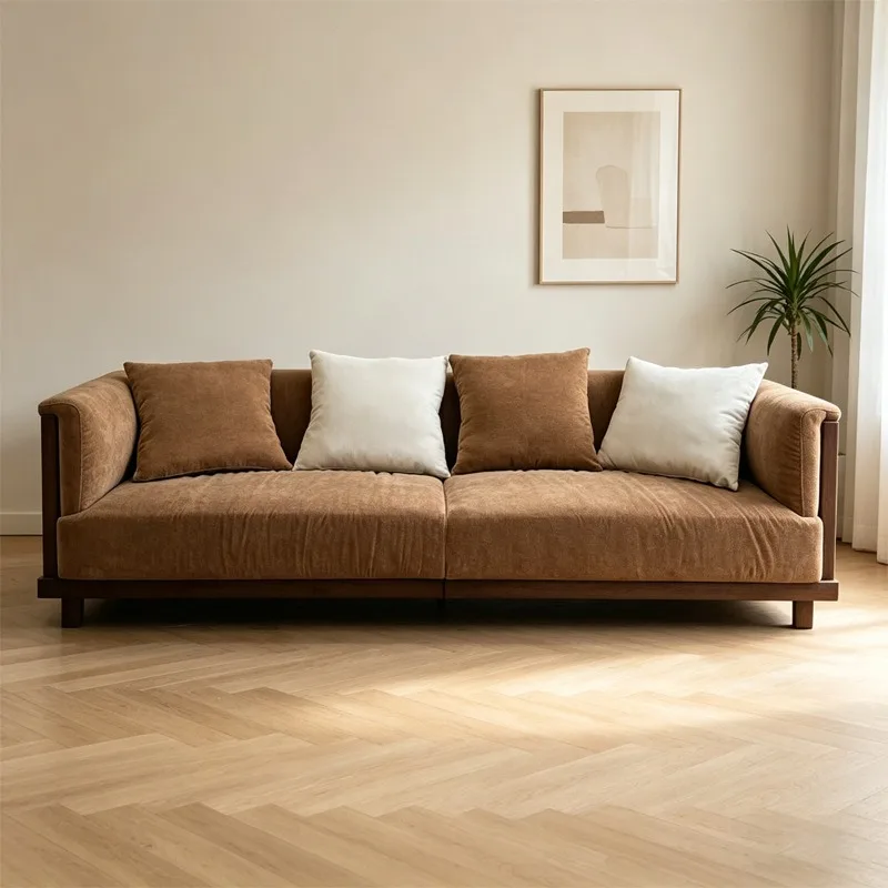 Japanese-style retro solid wood straight-row sofa, old light luxury designer industrial style single and double three-person