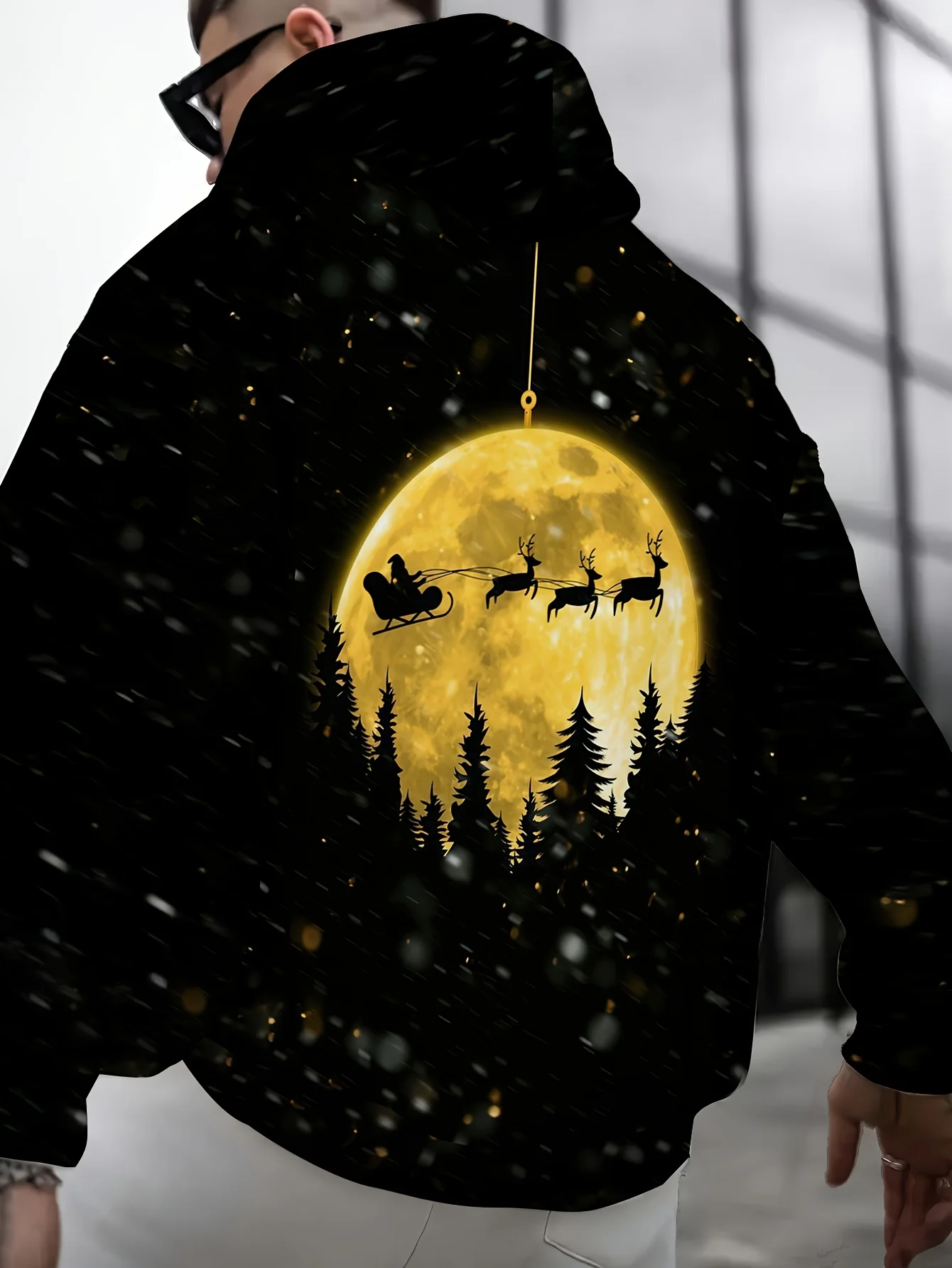 Men Christmas Santa Sleigh Reindeer Full Moon Forest Print Hoodie Drawstring Pocket Long Sleeve Casual Pullover Sweatshirt