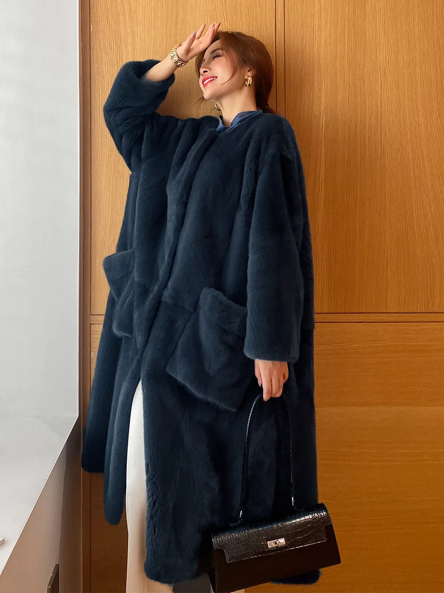 Women Faux Fur Coats Mid Length Fur Jackets Pocket Round Y2k Neck Long Sleeves Thick Warm Fur Loose Casual 2025 Autumn Winter