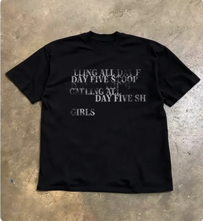 2026 new Oversized Black Crew Neck T Shirt Vintage Distressed Overlapping Text Print Unisex Casual Loose Short Sleeve Tee