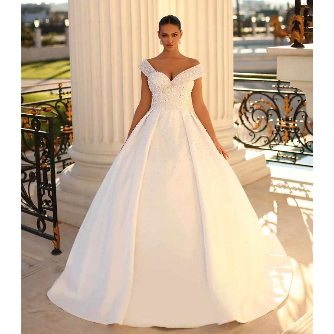 

Elegant Ball Gown Wedding Dress Sleeveless V Neck Sequins Appliques Pearls Lace-up Bridal Gowns Vestina De Novia Customized