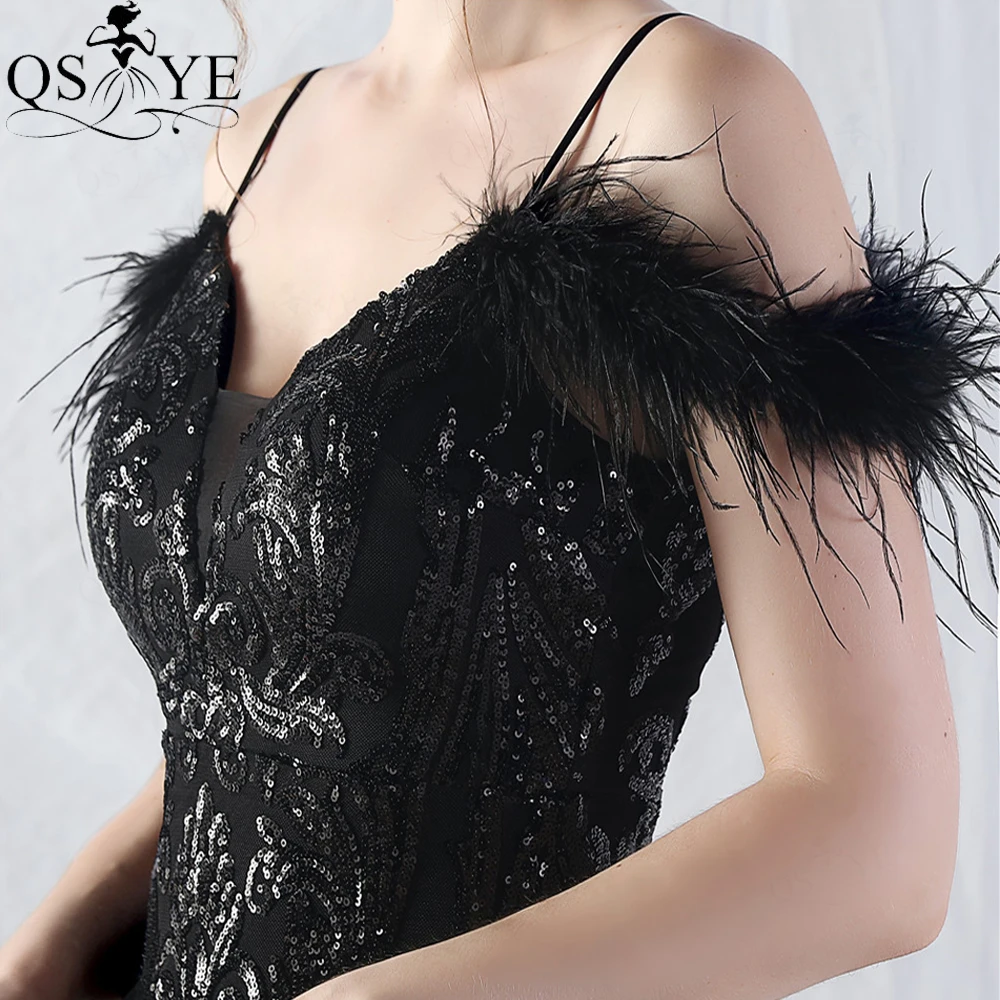 Ostrich Fur Black Evening Dress Ruffles Sequin Mermaid Woman Formal Dress Spaghetti Straps Pattern Lace V neck Black Prom Gown