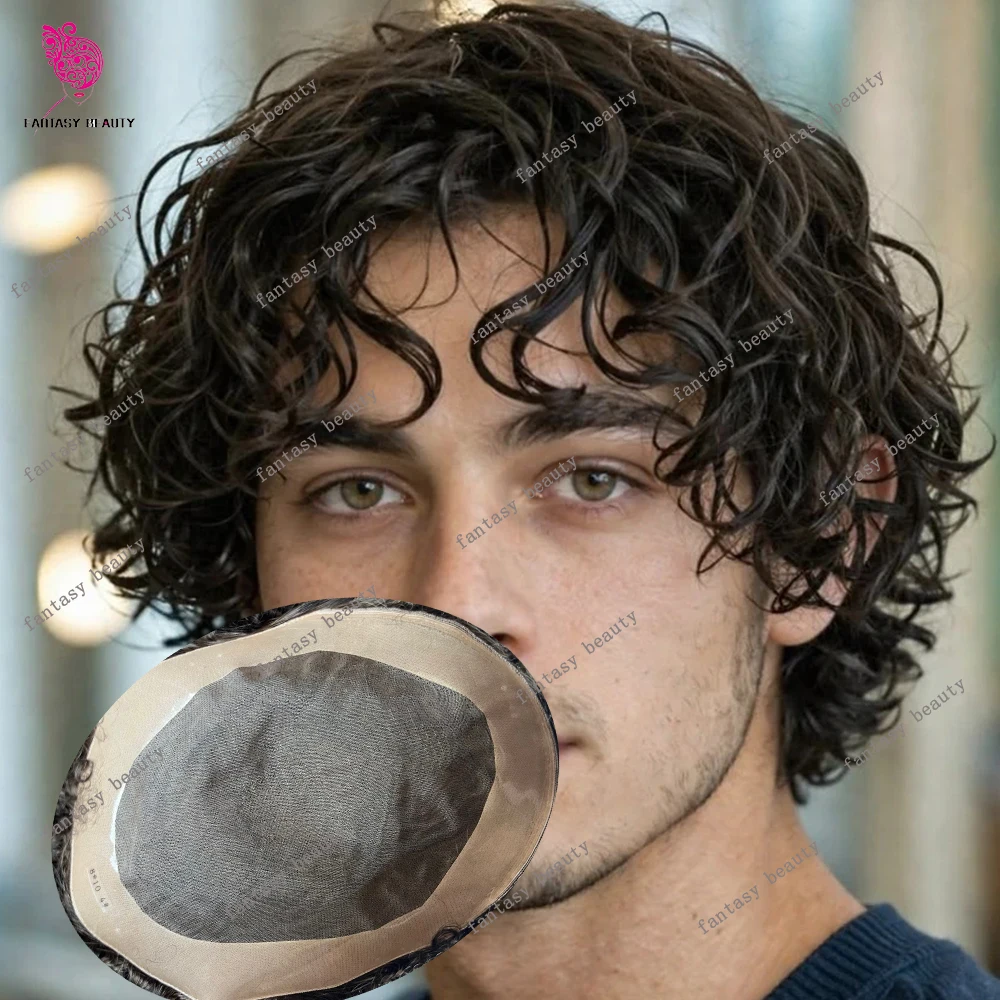 28mm Loose Curly Hairstyel European Human Hair Men's Toupee Super Durable Comfortable Fine Mono Lace Black Brown #1bHair System