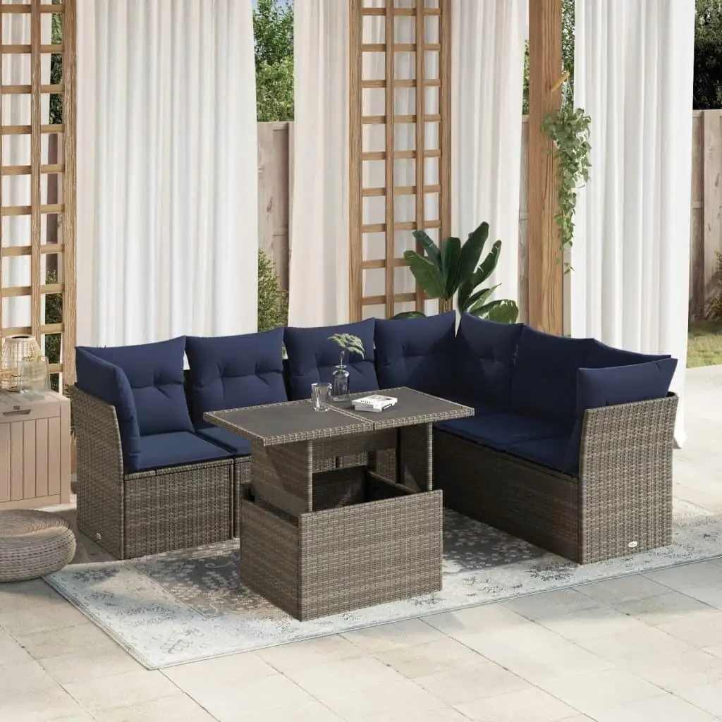

7 Piece Gray Rattan Patio Sofa Set with Cushions Outdoor Furniture Modern Garden Lounge Seating