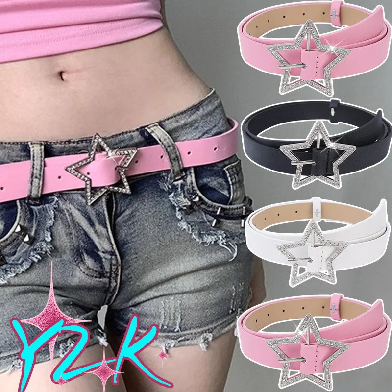 Fashion Spicy Girl Pink PU Leather Belt Metal Punk Cross Buckle Moon Star Buckle Belt Waistband Women Y2K Versatile Decoration