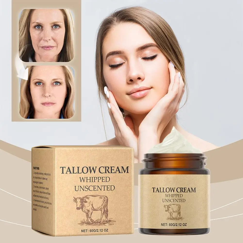 60g de ternera Tallow crema hidratante facial batida carne Tallow cara hierba bálsamo y cuidado crema de miel cara cuerpo hierba piel alimentada y nuevo Fini G0y7