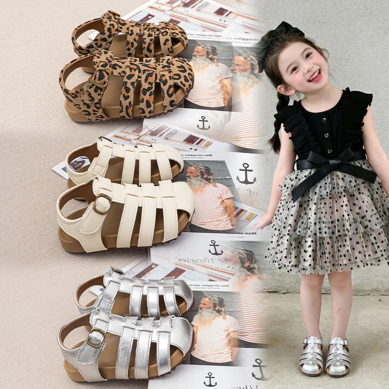 Summer Toddler Kids Boys Girls Leopard Print Closed Toe Roman Sandals Buckle Non-Slip Soft Sole Daily Outdoor Beach Play Wear
