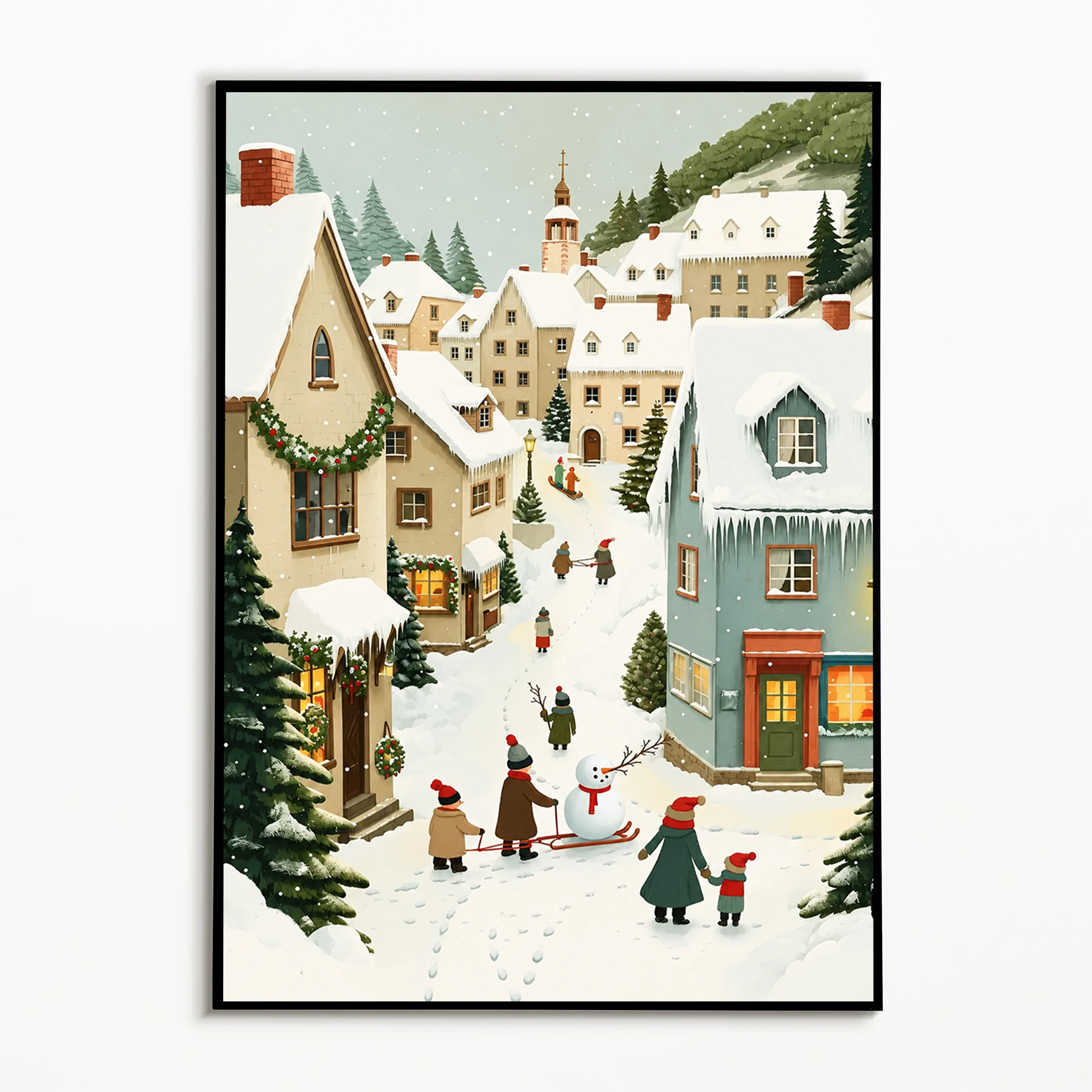 1pc frameless,1PC Nordic Winter Town Poster Village Snow Scene Wall Art Christmas Cartoon Canvas Printing Festival Gift  Room Wa