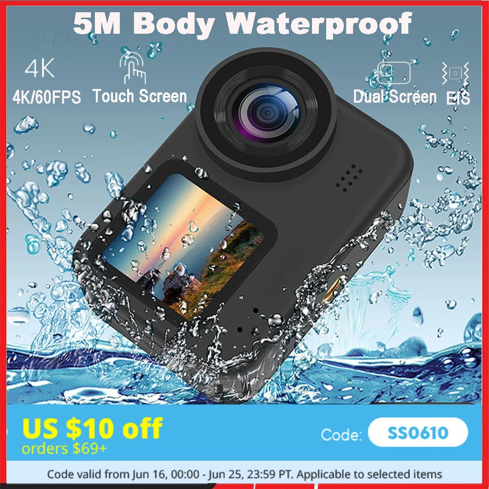 

4K60FPS 20MP Action Camera 5M Body Waterproof EIS 170D DVR Sports Video Recording Dual Display 2" Touch Screen 1080P Webcam