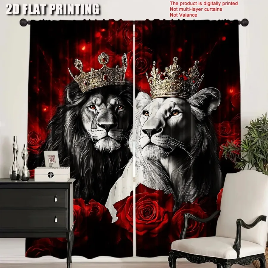 2 PCS Lion King Rose Curtains, Majestic Gorgeous Style Window Drapes for Living Room Bedroom Home Decor Polyester Rod Pocket
