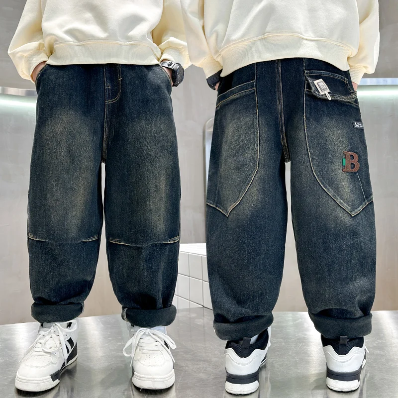 ZOETOPKID Cowboy Autumn Winter Big Boy Thermal Jeans High Street Denim Pants Kids Retro Blue Warm Baggy Insulated Jeans Trousers