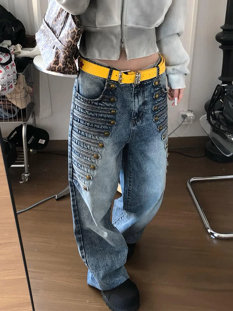 plus Size American Retro Court Style Multi-Buckled Denim Pants Women Loose Slimming Drapey Wide Leg Long Trousers Autumn New