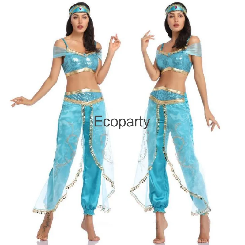 Nieuwe Sexy Prinses Jasmijn Kostuum Blauwe Volwassen Vrouwen Buikdans Optreden Arabische Outfits Carnaval Halloween Kostuum Voor Vrouwen