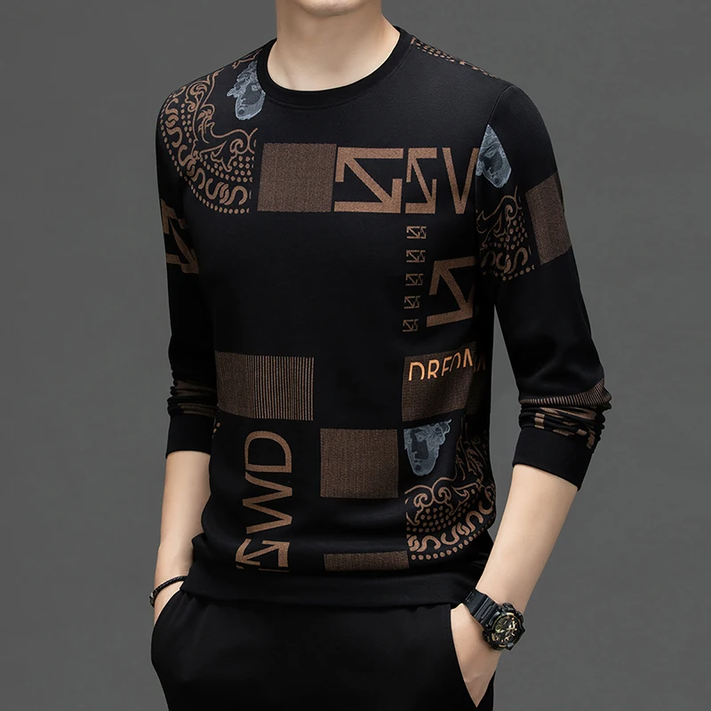 الجودة الأصلية الرجال س الرقبة تي شيرت رائعة رسالة الجاكار كم طويل الخريف تنوعا التنقل الرياضة ملابس رجالية غير رسمية #3