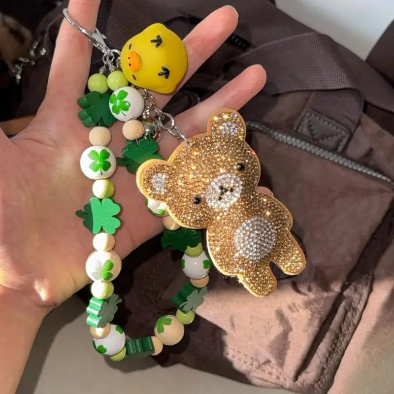 Kawaii Rilakkuma Keychain Cartoon Clover Pendant Full Diamond Little Bear Mobile Phone Chain Anime Peripheral Decoration Gifts ﻿