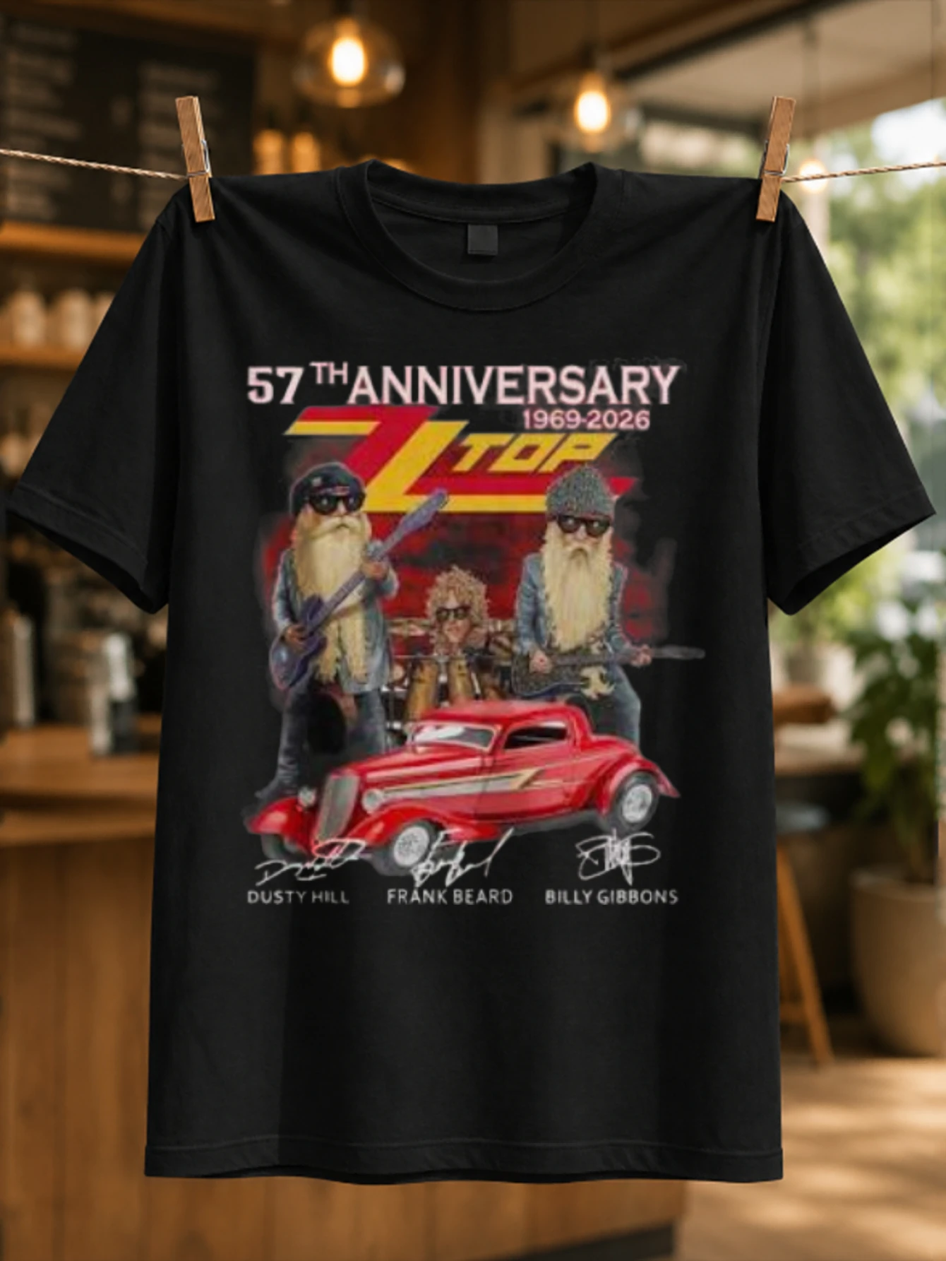 ZZ Top57th Anniversary bearded band caricatures with red hot rod and signature names classic rock  Unisex All T-Shirt
