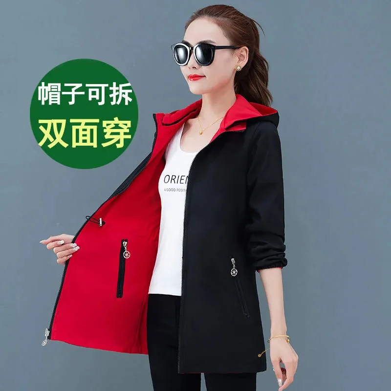 

Double Sided Wearing Mid-Length Windbreakers Women's 2023 Spring Autumn Oversized Coat Female Casual Hooded Trench Coat Outwear