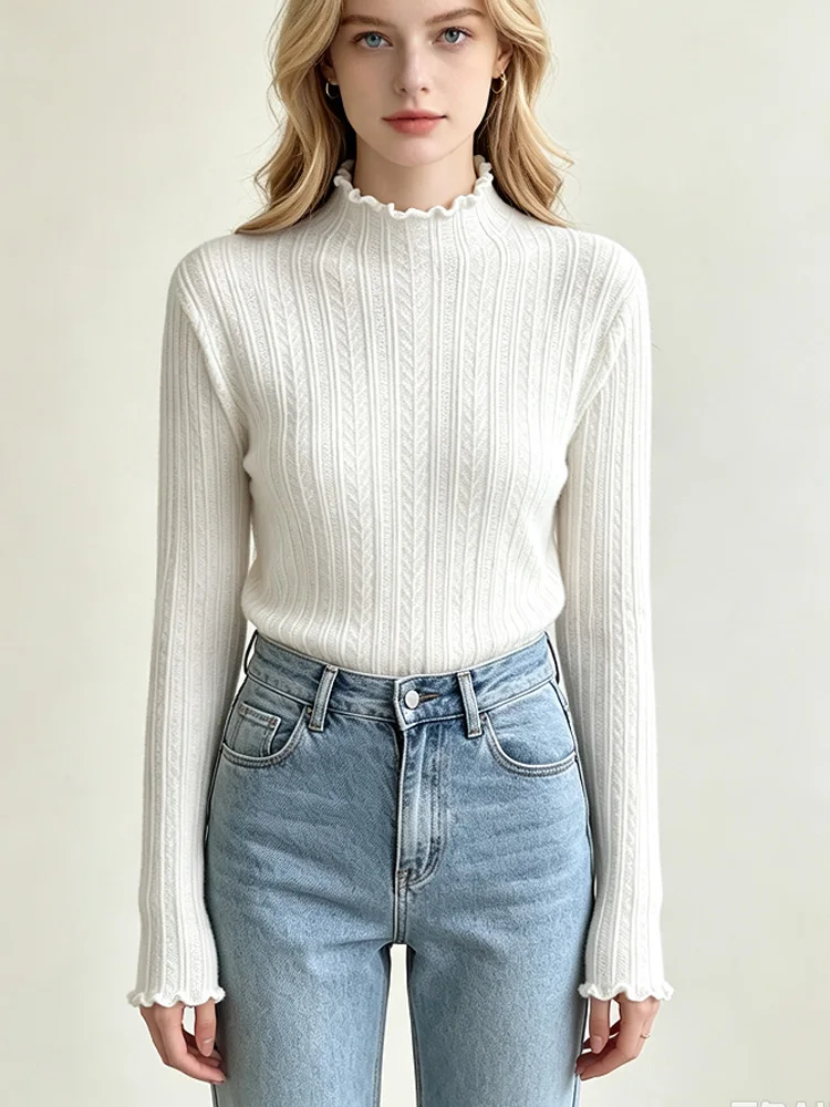 2026 New Semi High Neck Undercover Sweater for Women in Autumn and Winter,  Black Fungus Edge Knitted Mid Neck Sweater