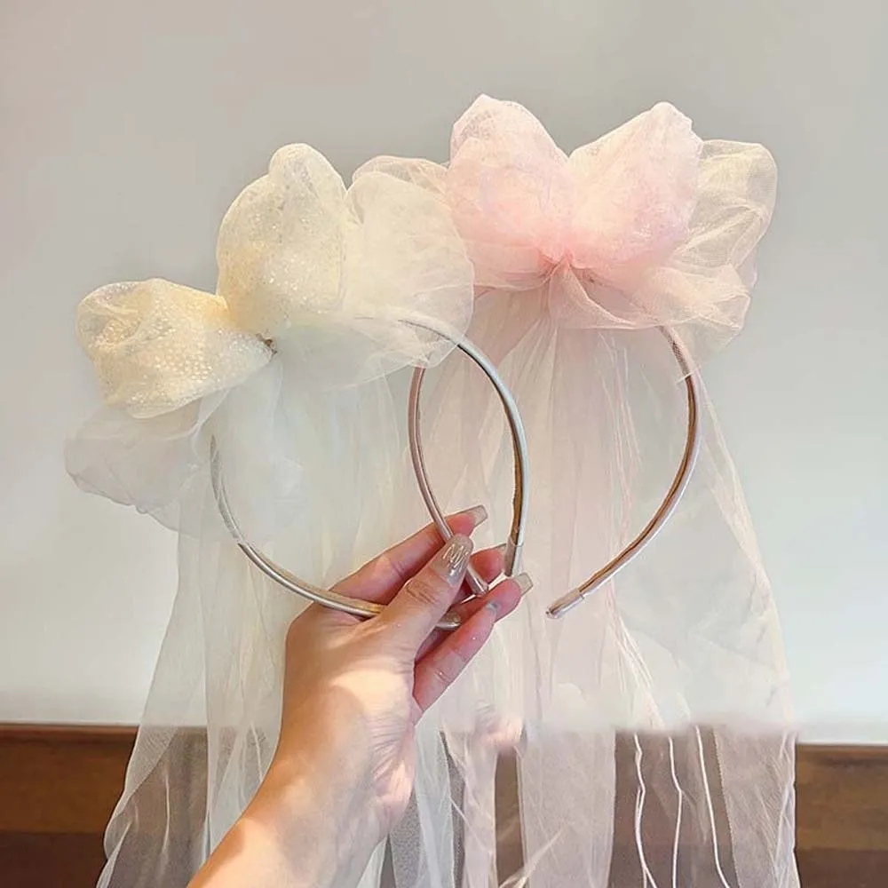 

Fashion Flowing Bow Veil Hair Hoop Mesh Polyester Girls Head Gauze Headband Pink Bridal Tulle Photo Props