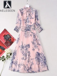 AELESEEN Fashion Designer Pink Dress Women Autumn Bow Ruffled Blue Flower Print Wasit Elastic Elegant Pleated Midi Party