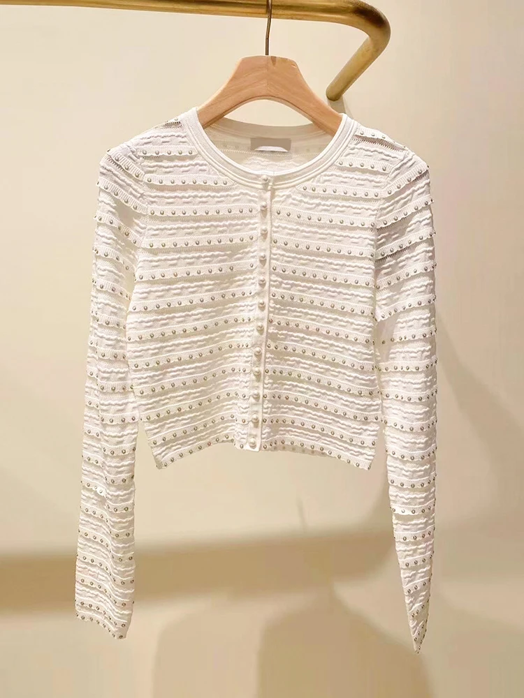 سترة نسائية محبوكة من S Home South Oil الراقية مع زخرفة لؤلؤية مخططة صغيرة Fraance Sle الخريف Faion #1