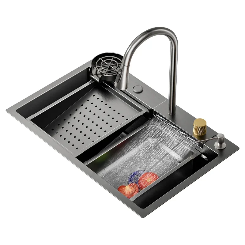 Multifunctional Anti-Scratch LED Digital Display Kitchen Sink Black Nano Workstation With Double Bowl Cup Washer