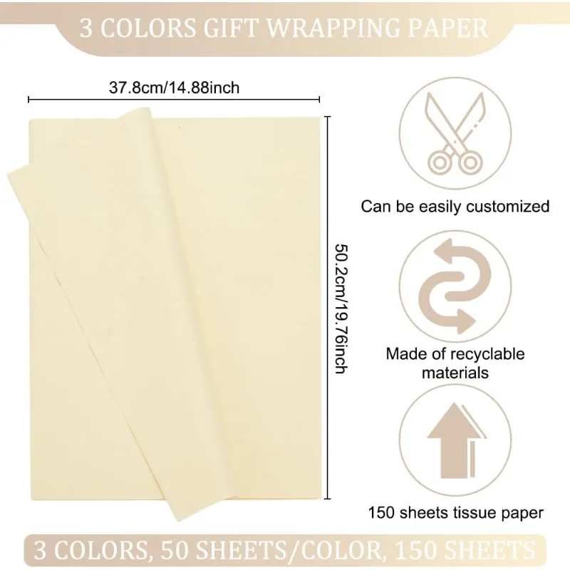 150 Sheets Assorted Brown Tissue Paper 15.4x16.7 Inch Rectangle Tissue Paper 3 Colors Wrapping Paper Bulk Gift Wrap