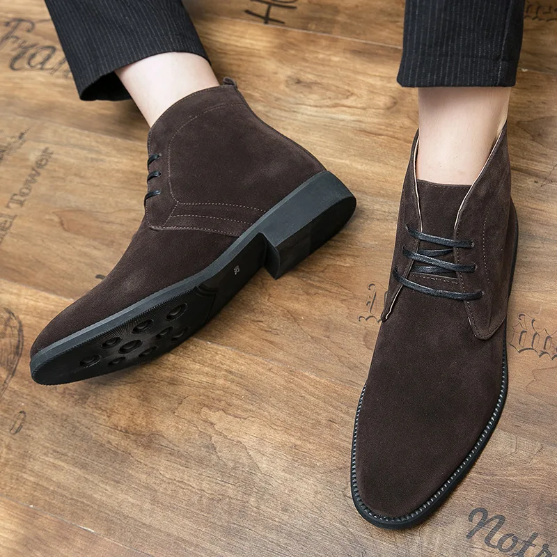 British Style Elegant Brown Chelsea Boots Men Lace-up Pointed Dress Boots For Man Comfortable Suede Men\'s High Top Leather Shoes