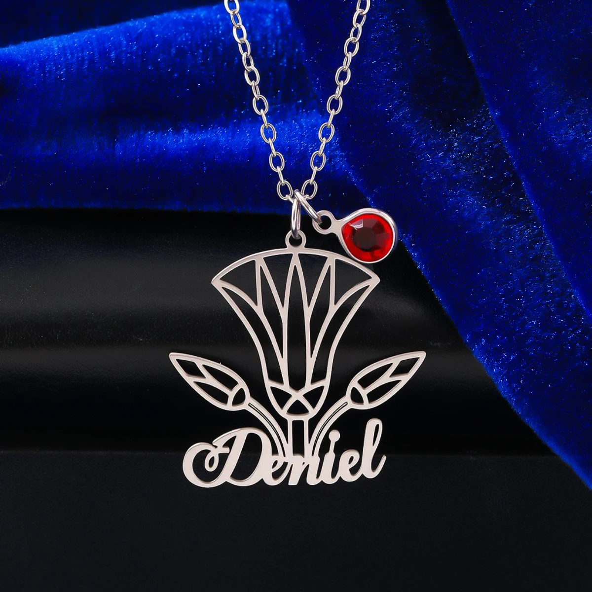 

Ажурное ожерелье из нержавеющей стали с индивидуальным именем и цветочным принтом, женское модное ожерелье с подвеской, подарок на день рождения