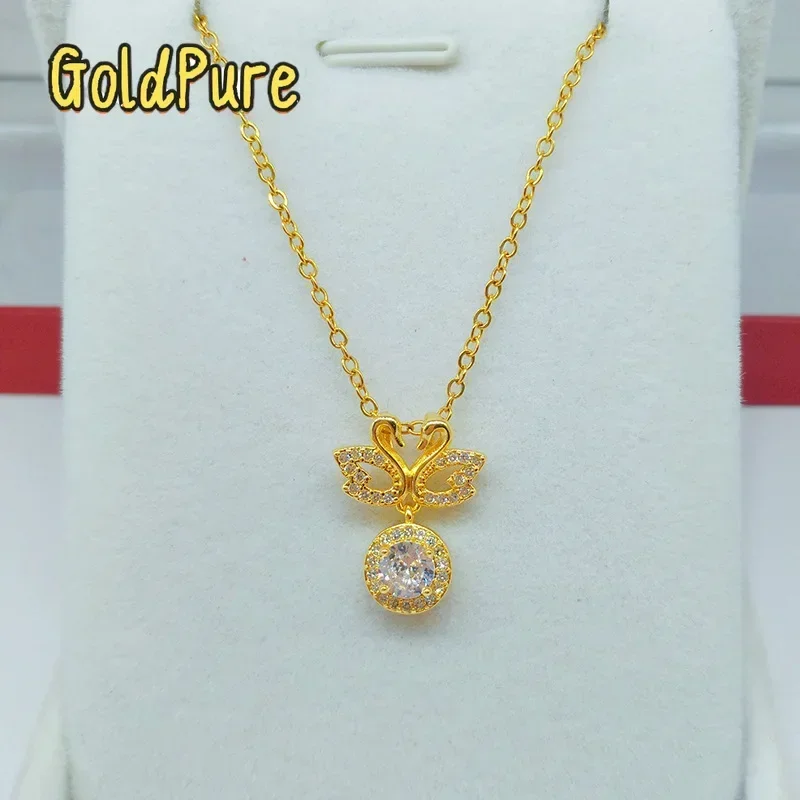 

Золотая цепочка на ключицу Goldpure для женщин, 9999 пробы, 24K, из настоящего золота, с двойным кулоном в виде лебедя, инкрустированным муассанитом, модное нишевое ожерелье